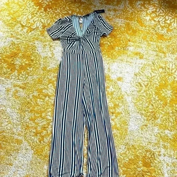 Romeo and Juliet Couture striped tie, front elastic jumpsuit small NWT - Picture 1 of 5